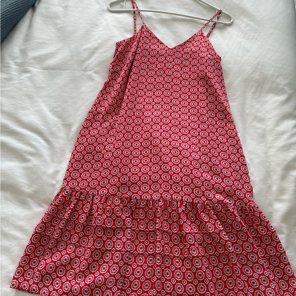 J Crew spaghetti strap sundress. Red, white and blue. Ruffle bottom. Size 2